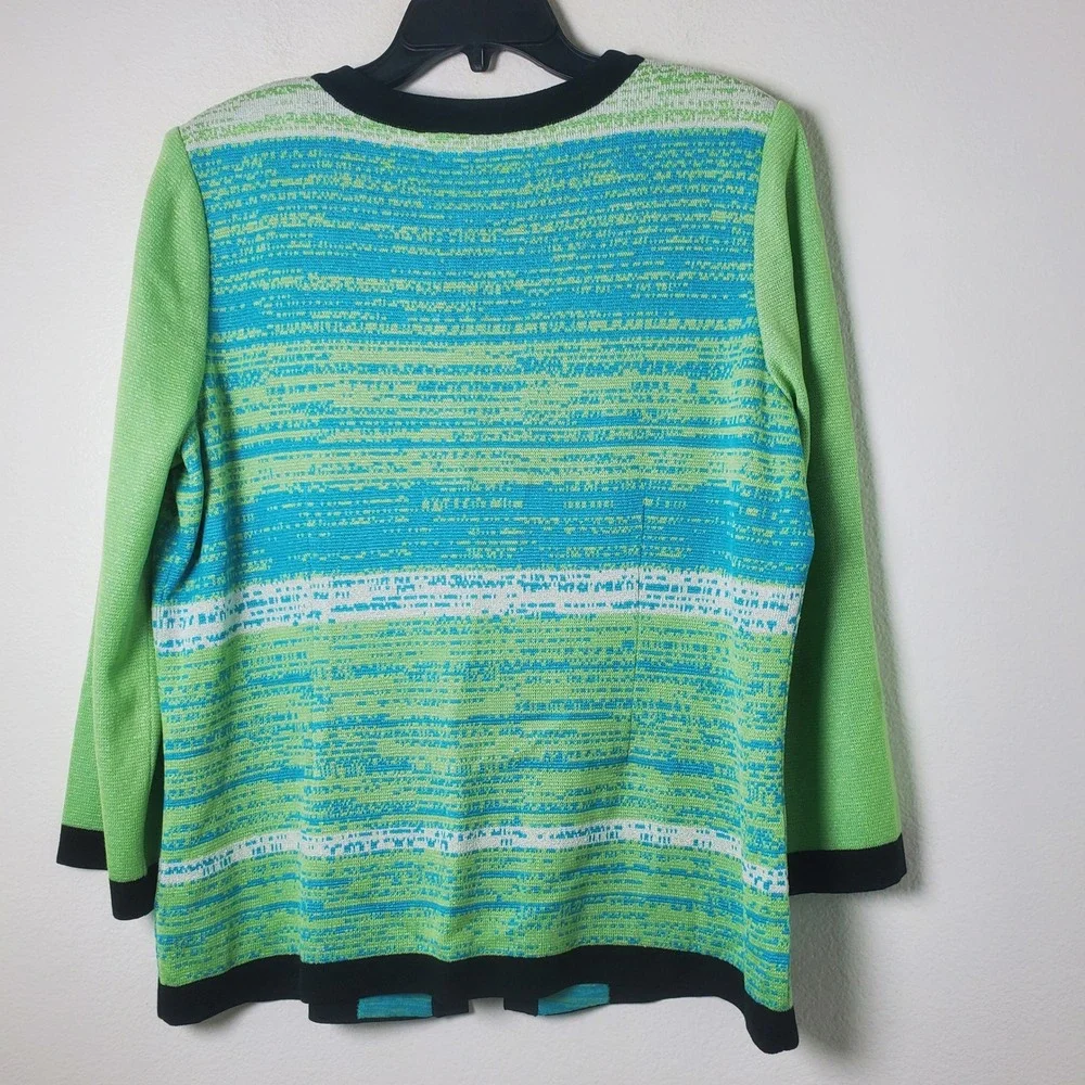 Ming Wang Sweater Knit Jacket Blazer Green Turquoise Striped Open Front Large - Picture 2 of 13
